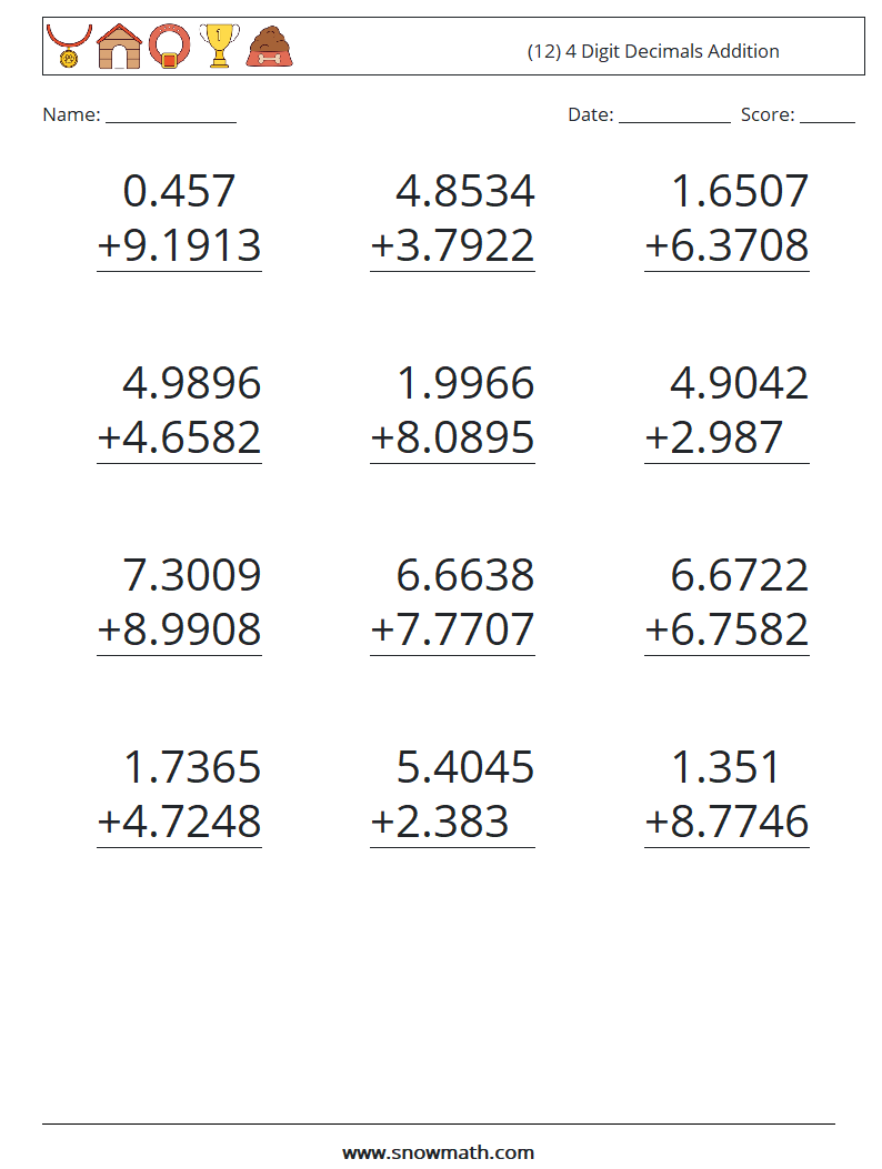 (12) 4 Digit Decimals Addition Math Worksheets 4