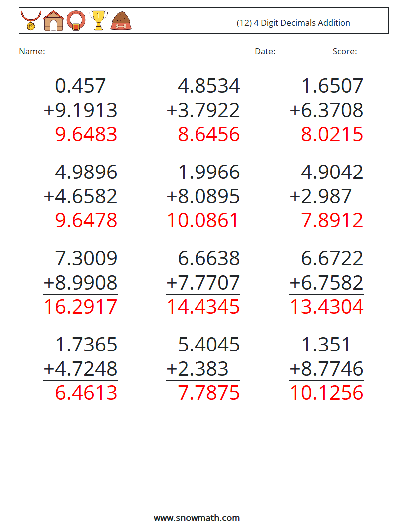 (12) 4 Digit Decimals Addition Math Worksheets 4 Question, Answer