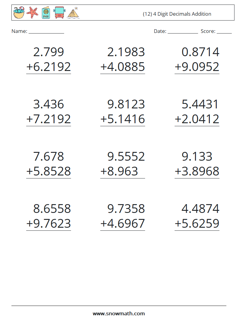 (12) 4 Digit Decimals Addition Math Worksheets 5