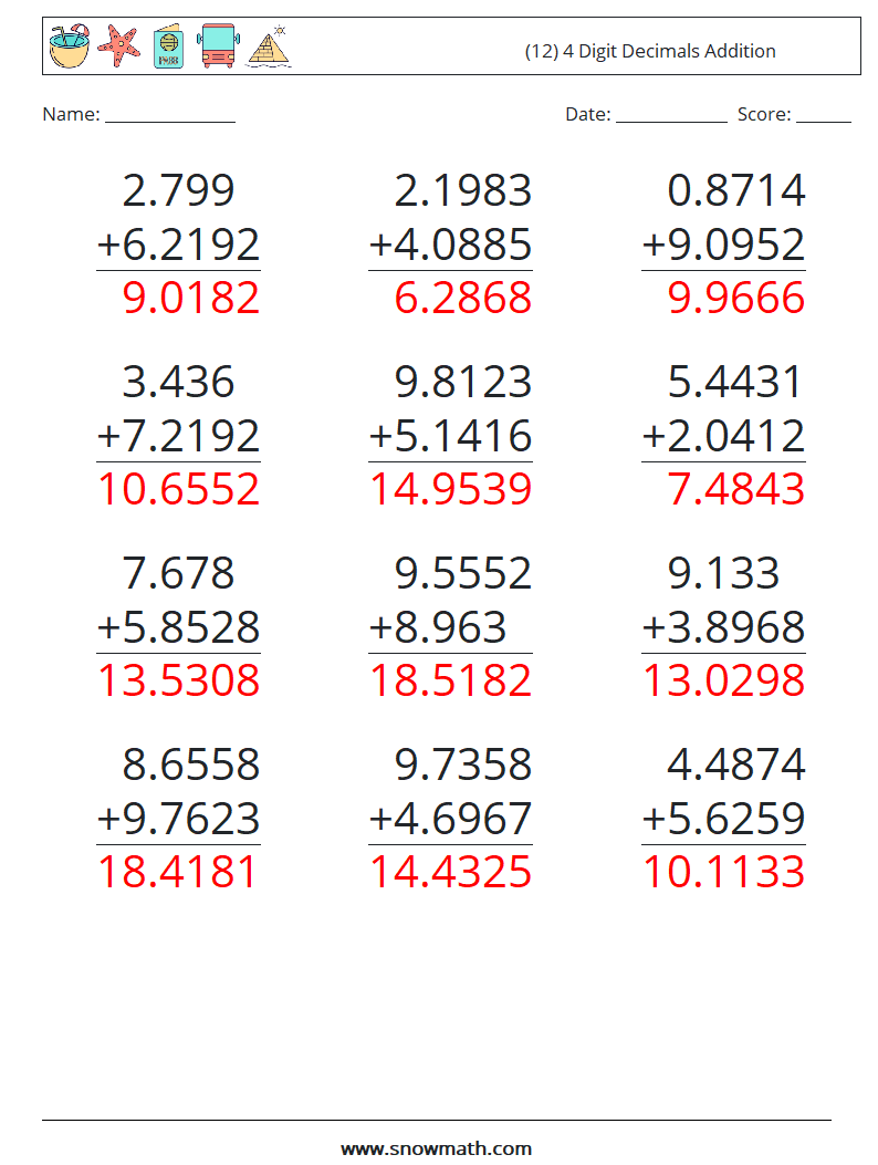 (12) 4 Digit Decimals Addition Math Worksheets 5 Question, Answer