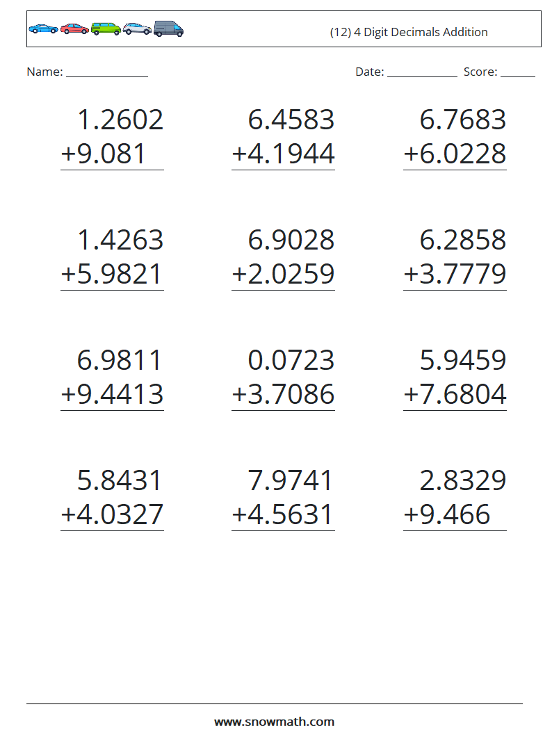 (12) 4 Digit Decimals Addition Math Worksheets 6