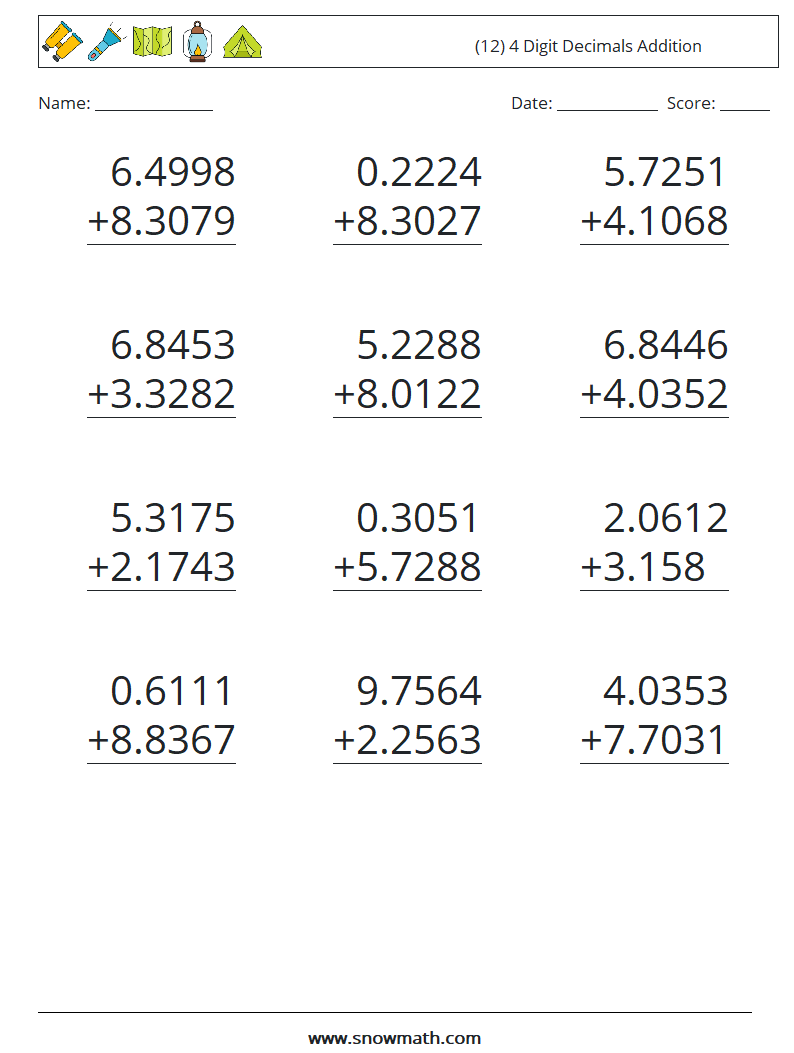 (12) 4 Digit Decimals Addition Math Worksheets 7