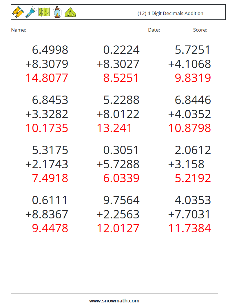 (12) 4 Digit Decimals Addition Math Worksheets 7 Question, Answer