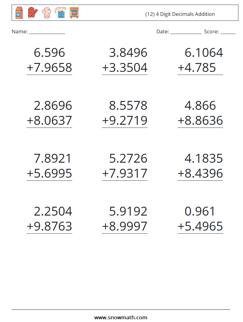 (12) 4 Digit Decimals Addition Math Worksheets 8