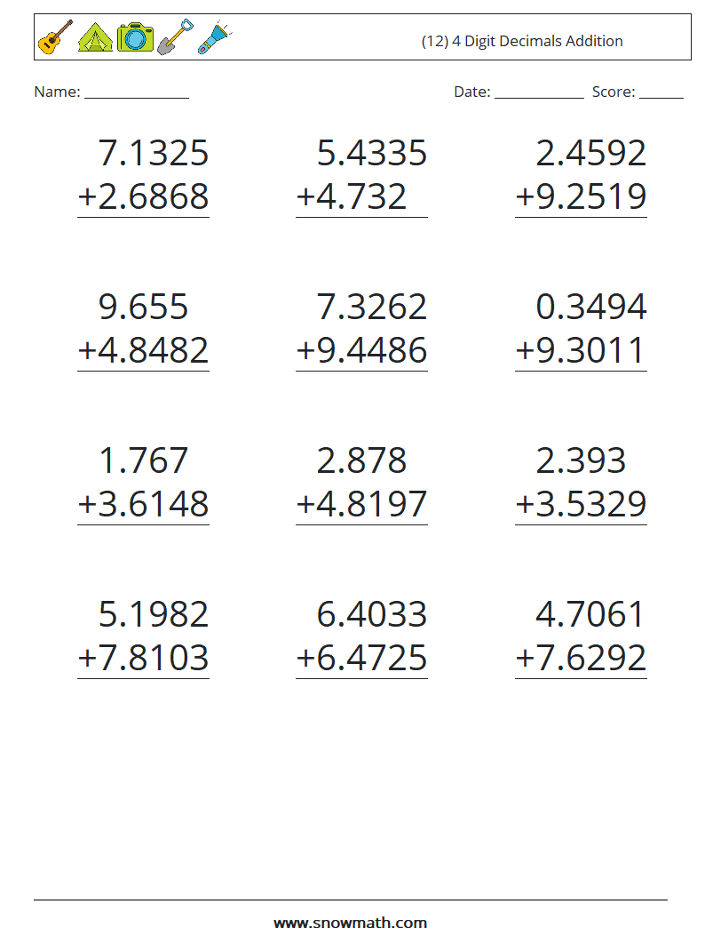 (12) 4 Digit Decimals Addition Math Worksheets 9