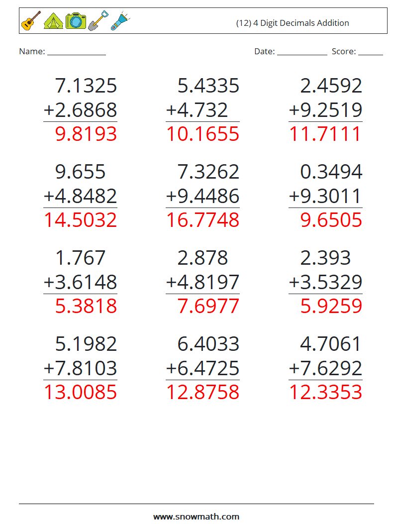 (12) 4 Digit Decimals Addition Math Worksheets 9 Question, Answer