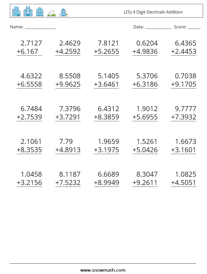 (25) 4 Digit Decimals Addition Math Worksheets 1