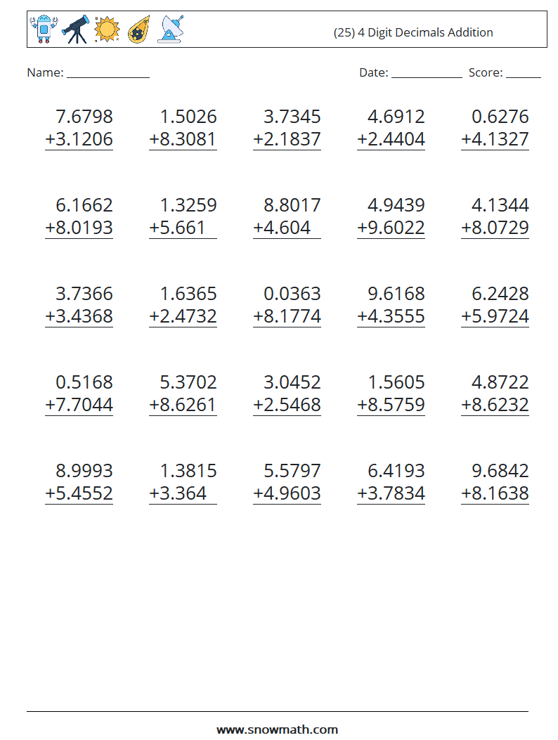 (25) 4 Digit Decimals Addition Math Worksheets 10