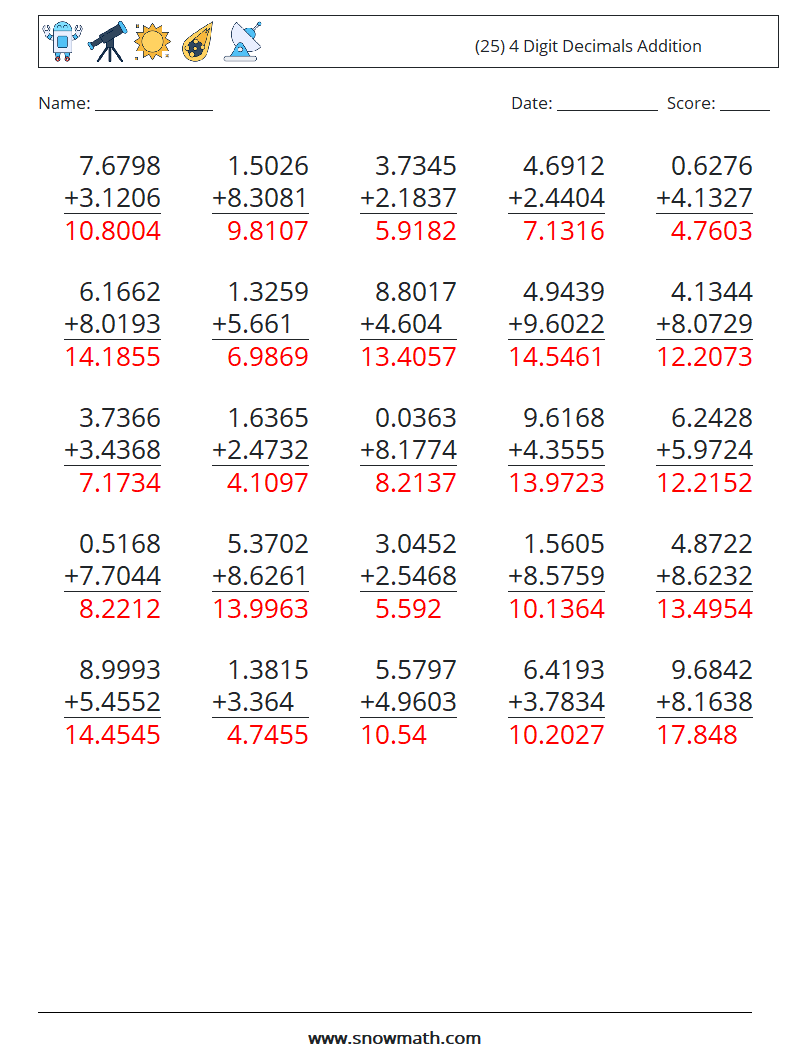 (25) 4 Digit Decimals Addition Math Worksheets 10 Question, Answer