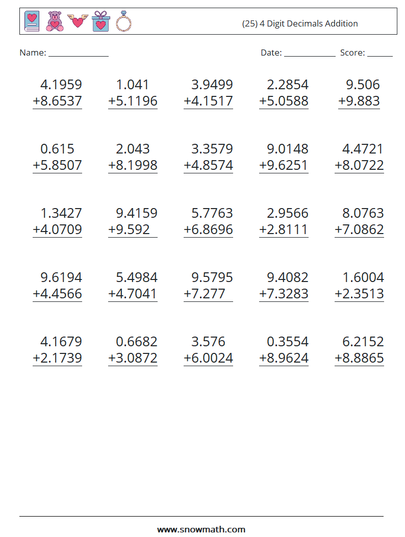 (25) 4 Digit Decimals Addition Math Worksheets 11