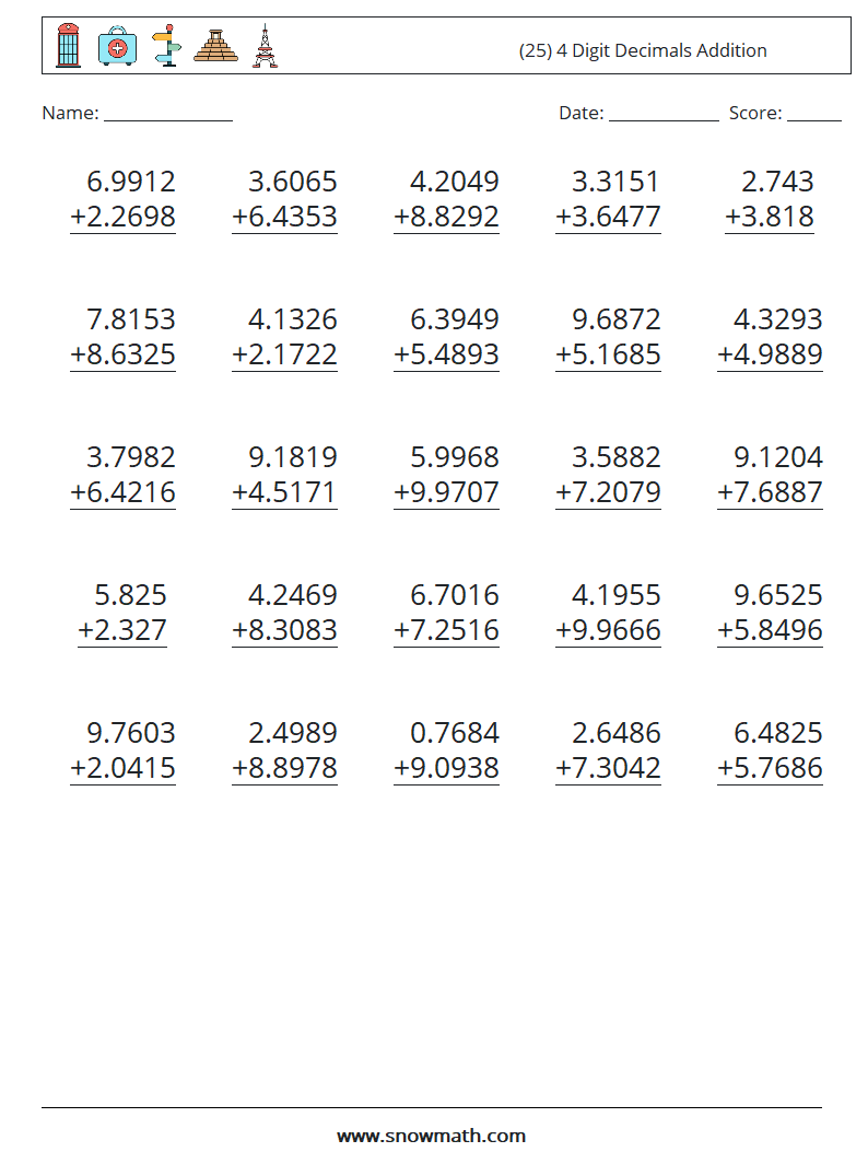 (25) 4 Digit Decimals Addition Math Worksheets 12