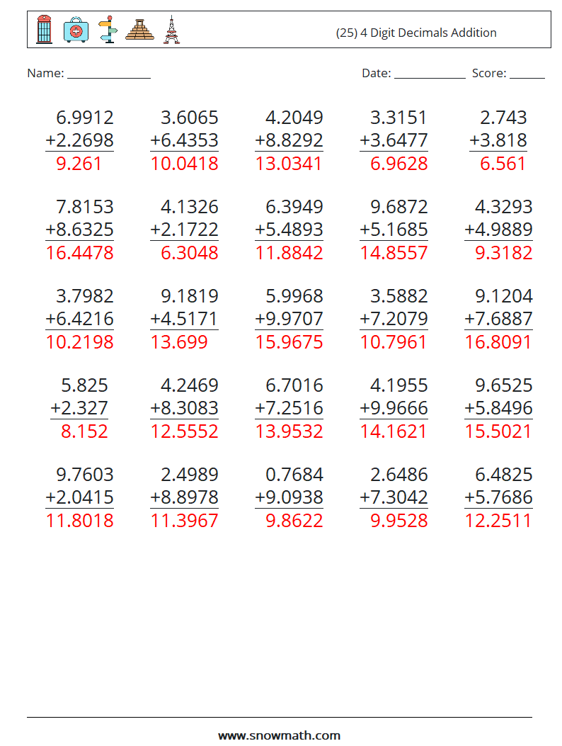 (25) 4 Digit Decimals Addition Math Worksheets 12 Question, Answer
