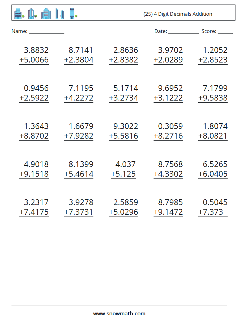 (25) 4 Digit Decimals Addition Math Worksheets 13