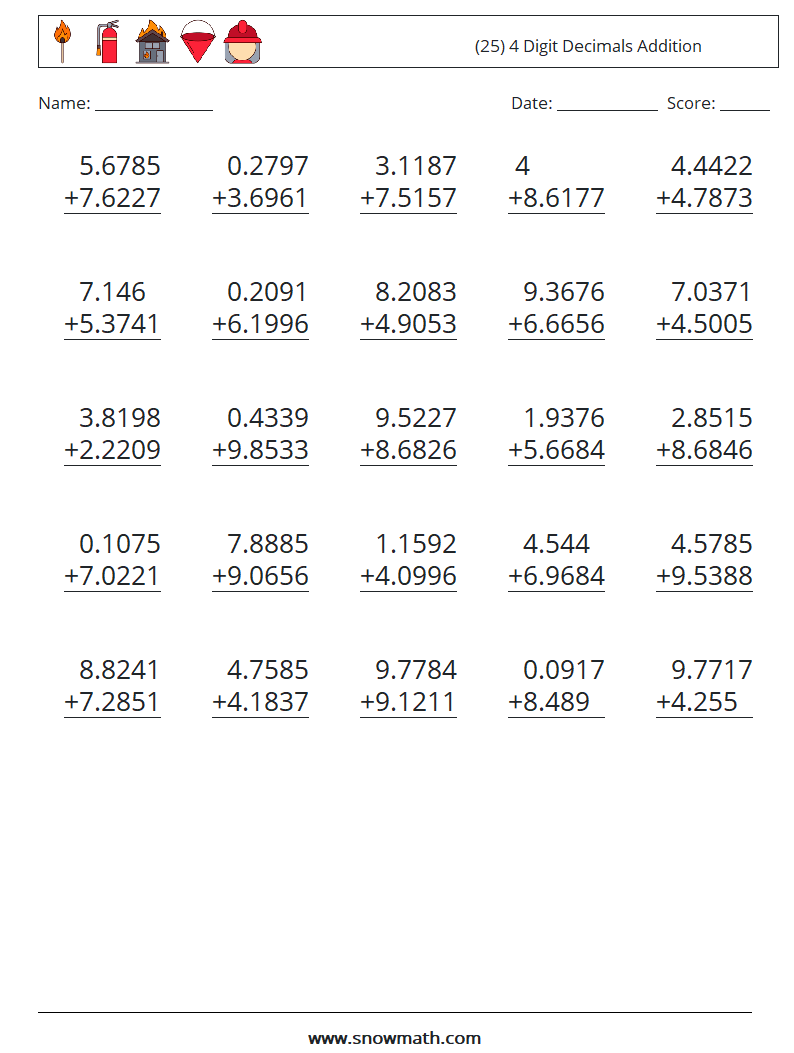 (25) 4 Digit Decimals Addition Math Worksheets 14