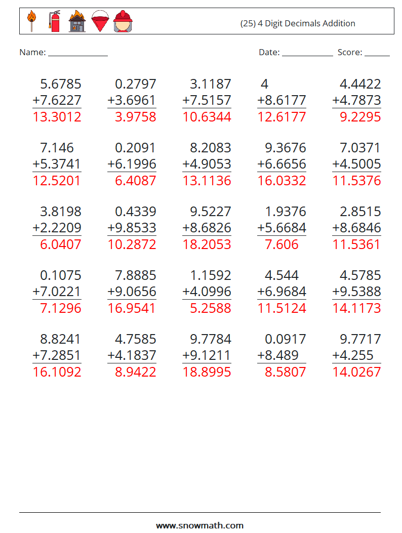(25) 4 Digit Decimals Addition Math Worksheets 14 Question, Answer