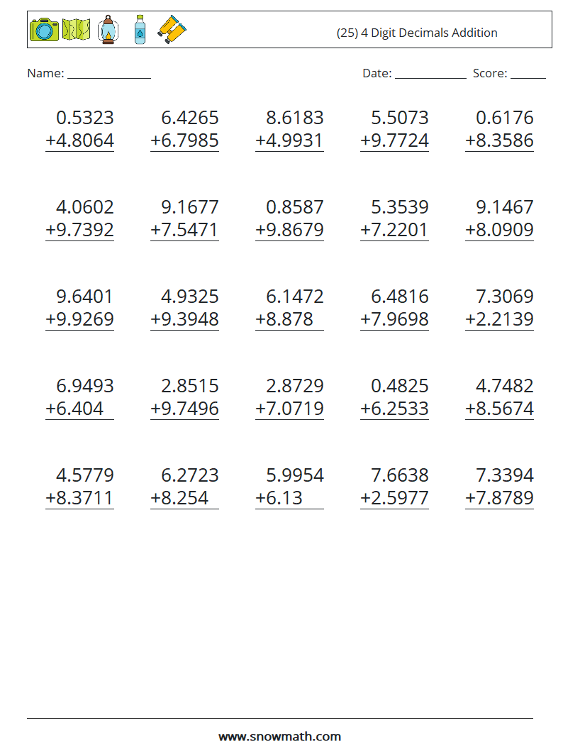 (25) 4 Digit Decimals Addition Math Worksheets 15
