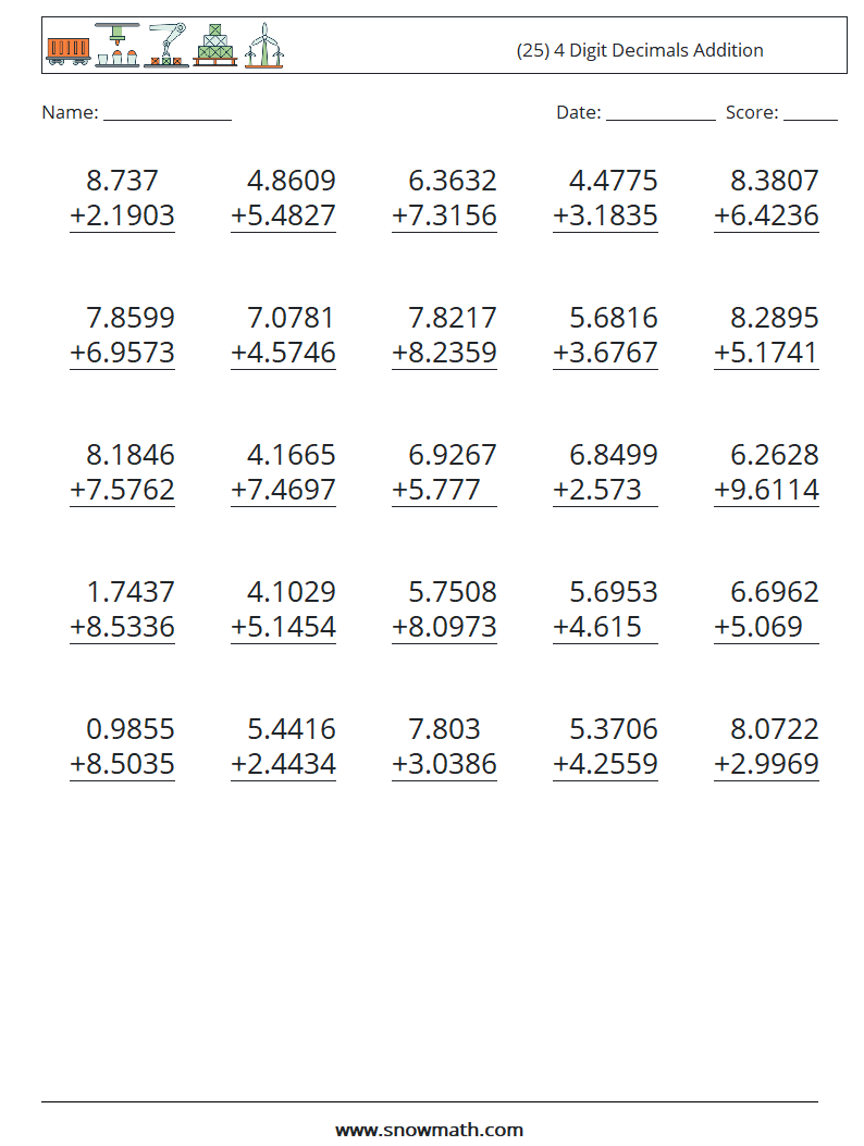 (25) 4 Digit Decimals Addition Math Worksheets 16