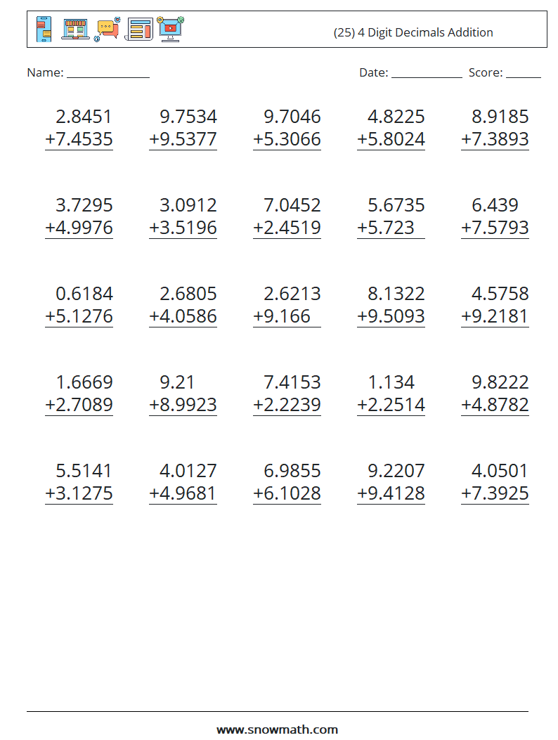 (25) 4 Digit Decimals Addition Math Worksheets 17
