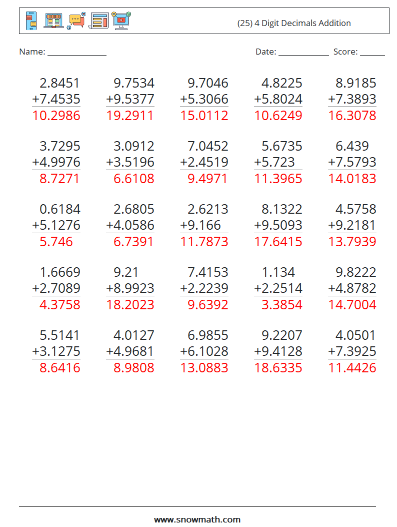 (25) 4 Digit Decimals Addition Math Worksheets 17 Question, Answer