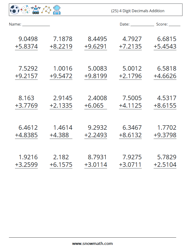 (25) 4 Digit Decimals Addition Math Worksheets 18