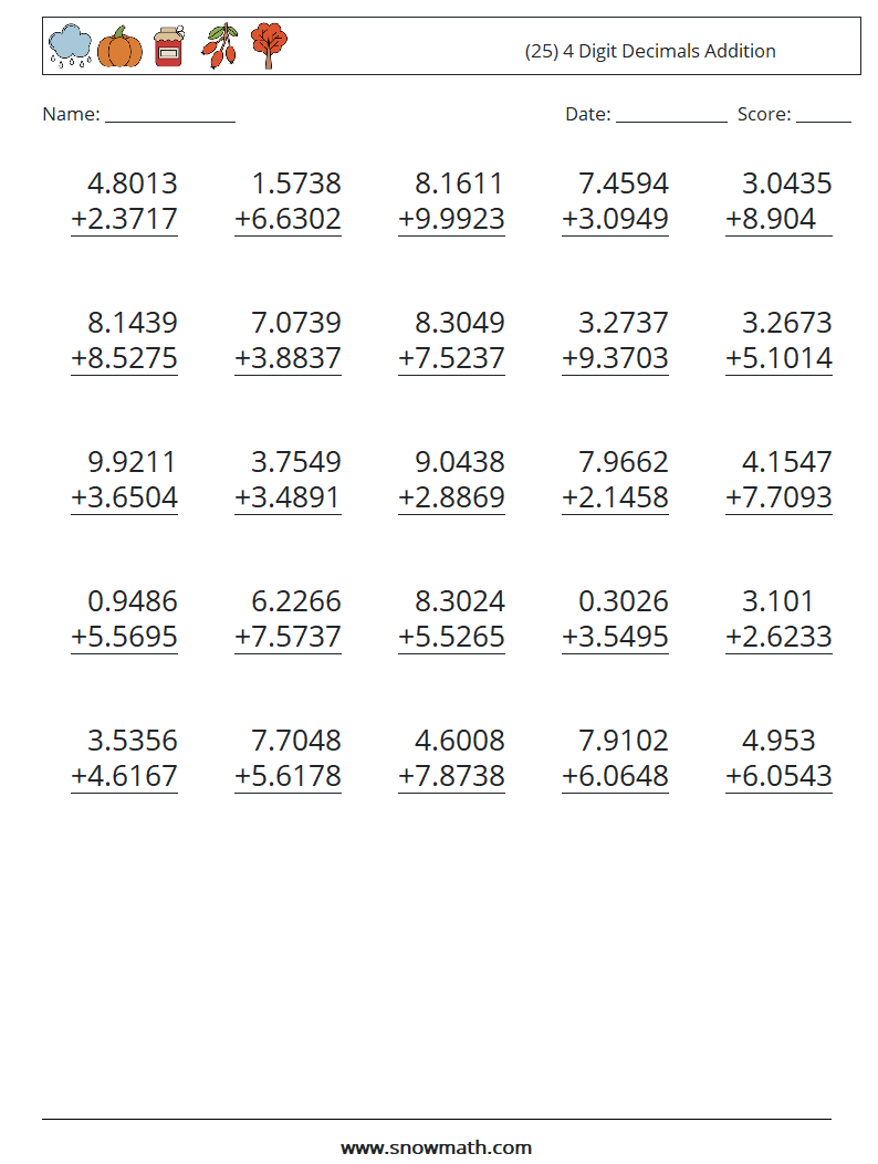 (25) 4 Digit Decimals Addition Math Worksheets 2