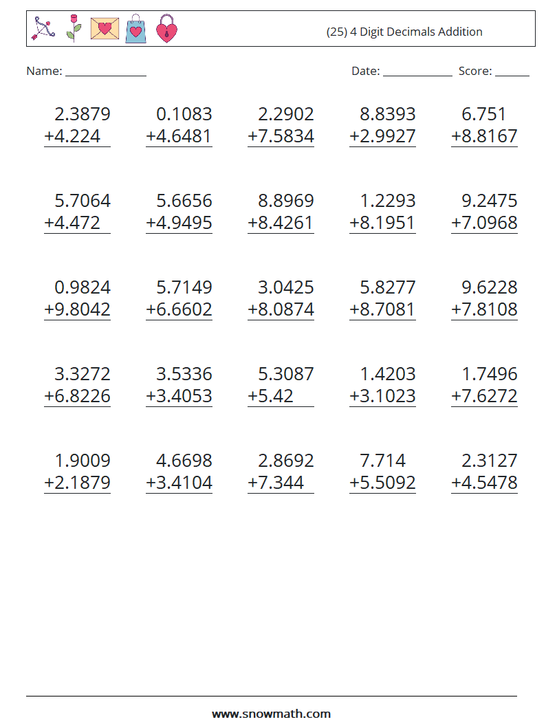 (25) 4 Digit Decimals Addition Math Worksheets 3