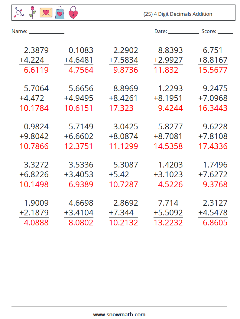 (25) 4 Digit Decimals Addition Math Worksheets 3 Question, Answer