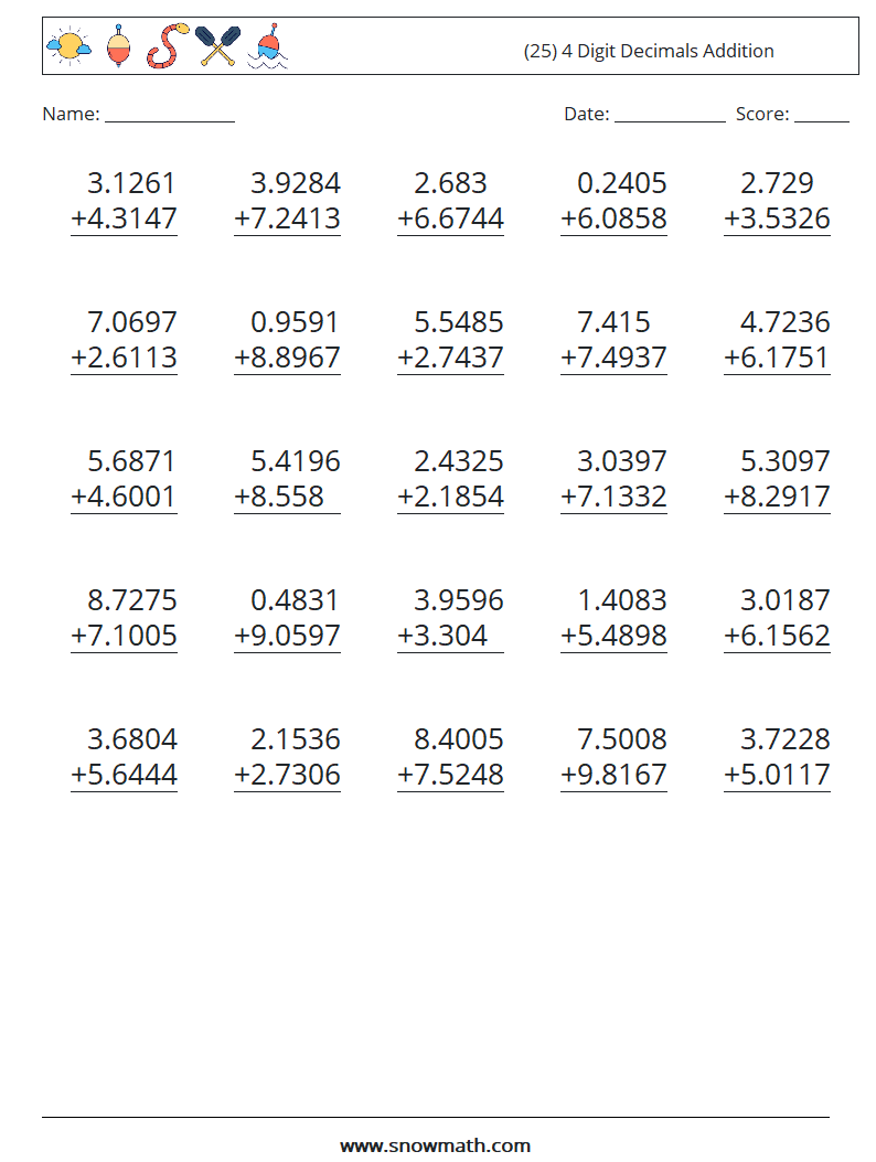 (25) 4 Digit Decimals Addition Math Worksheets 4