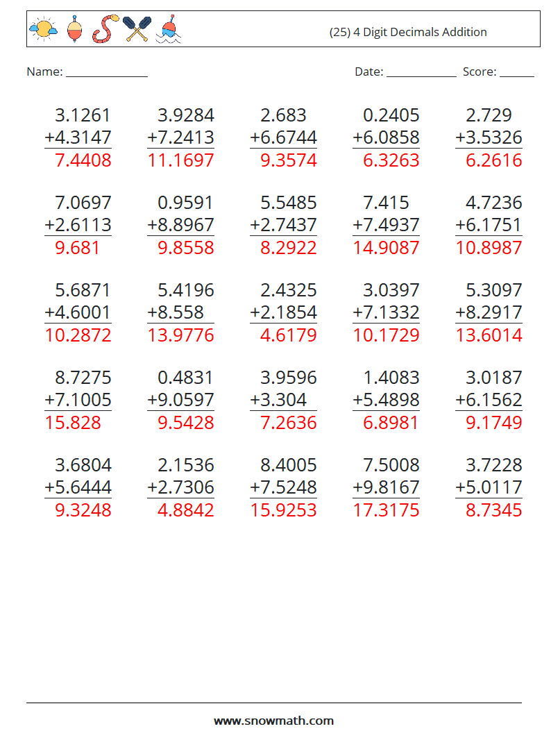 (25) 4 Digit Decimals Addition Math Worksheets 4 Question, Answer