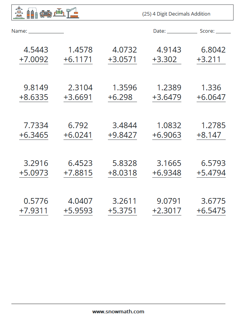 (25) 4 Digit Decimals Addition Math Worksheets 5
