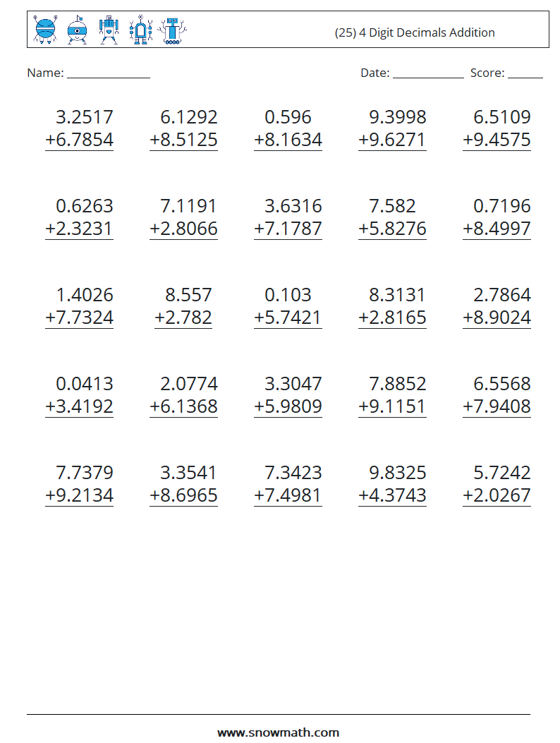 (25) 4 Digit Decimals Addition Math Worksheets 6