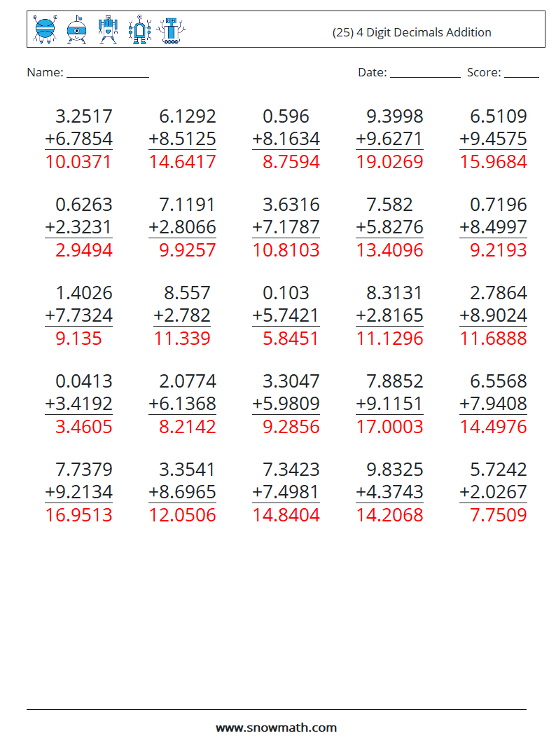(25) 4 Digit Decimals Addition Math Worksheets 6 Question, Answer