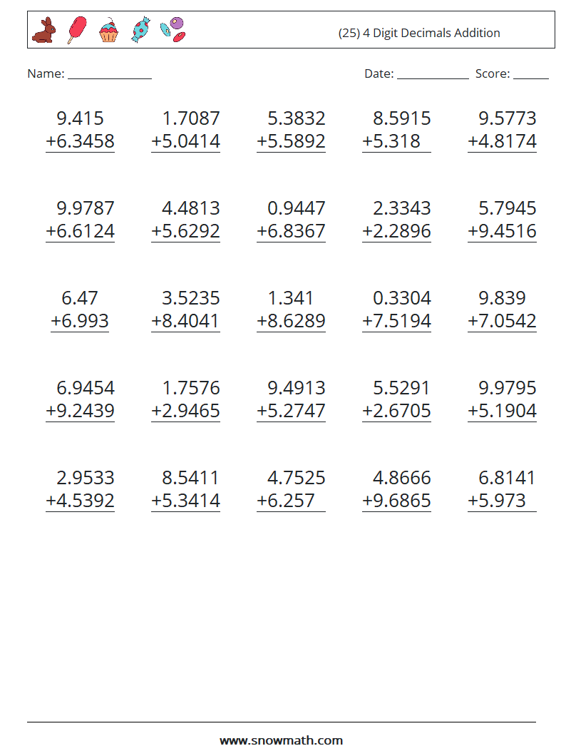 (25) 4 Digit Decimals Addition Math Worksheets 7