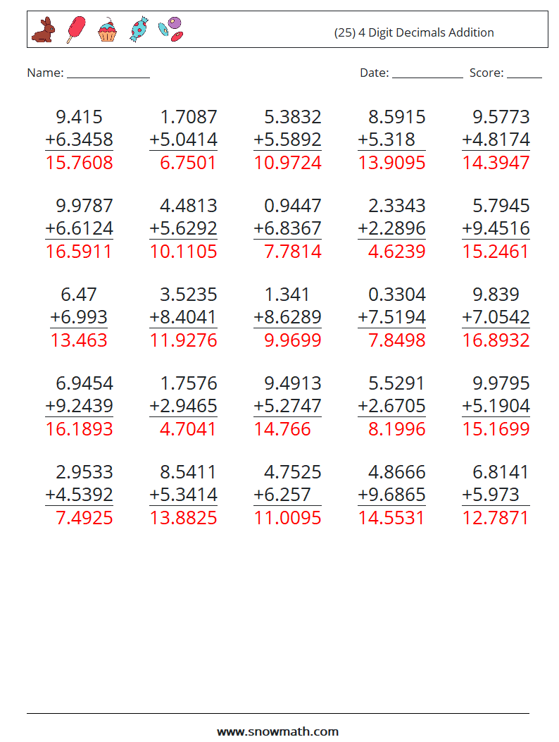 (25) 4 Digit Decimals Addition Math Worksheets 7 Question, Answer