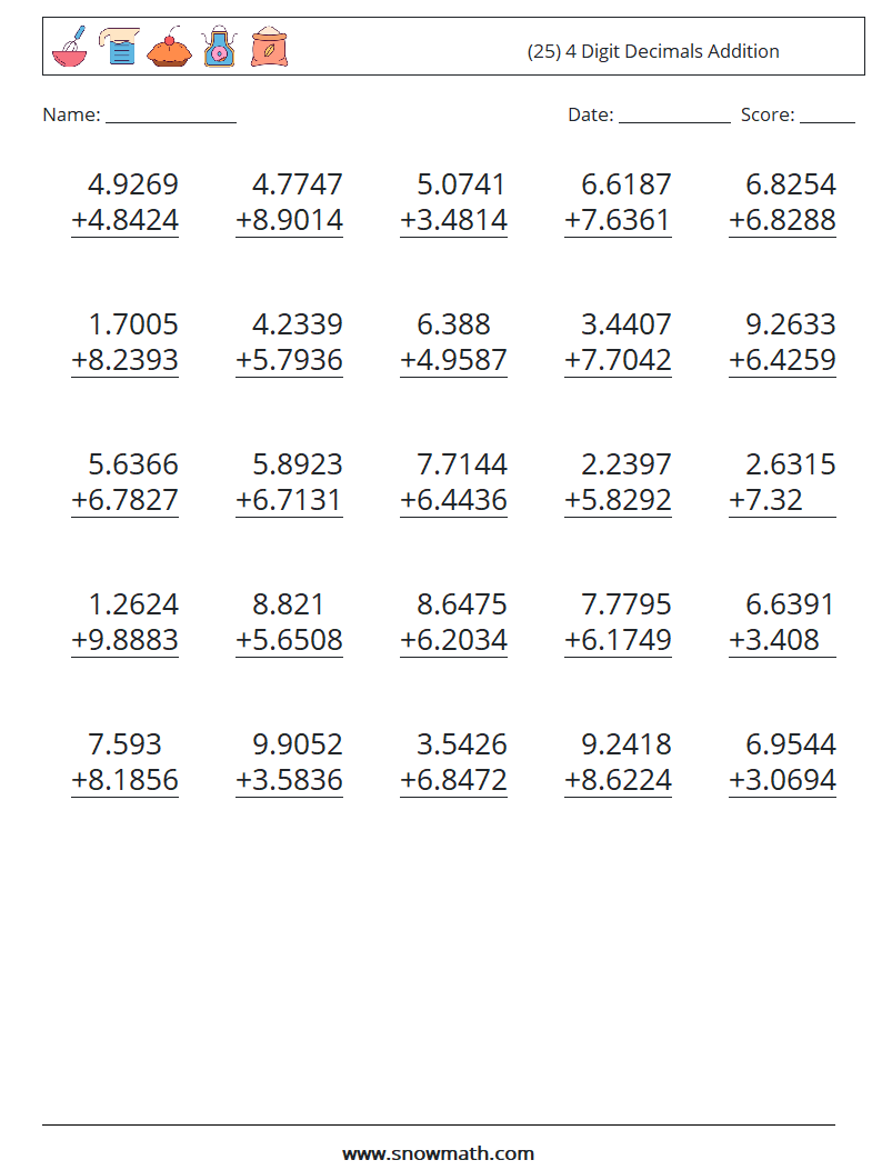 (25) 4 Digit Decimals Addition Math Worksheets 8