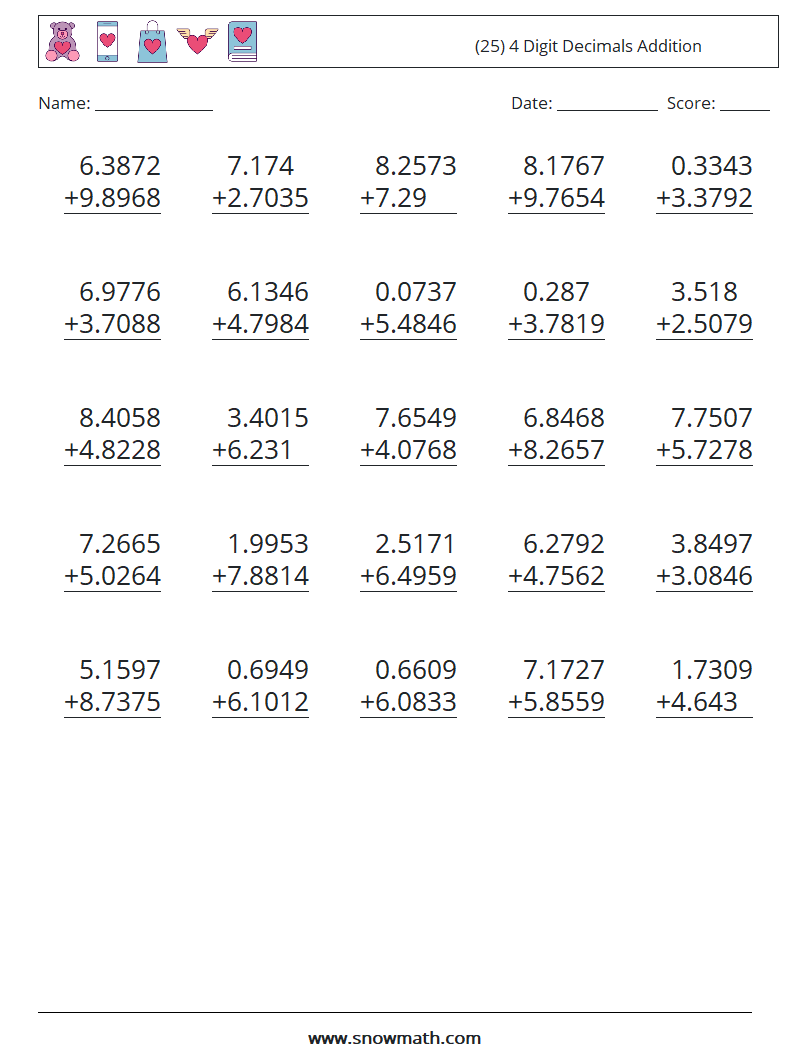 (25) 4 Digit Decimals Addition Math Worksheets 9