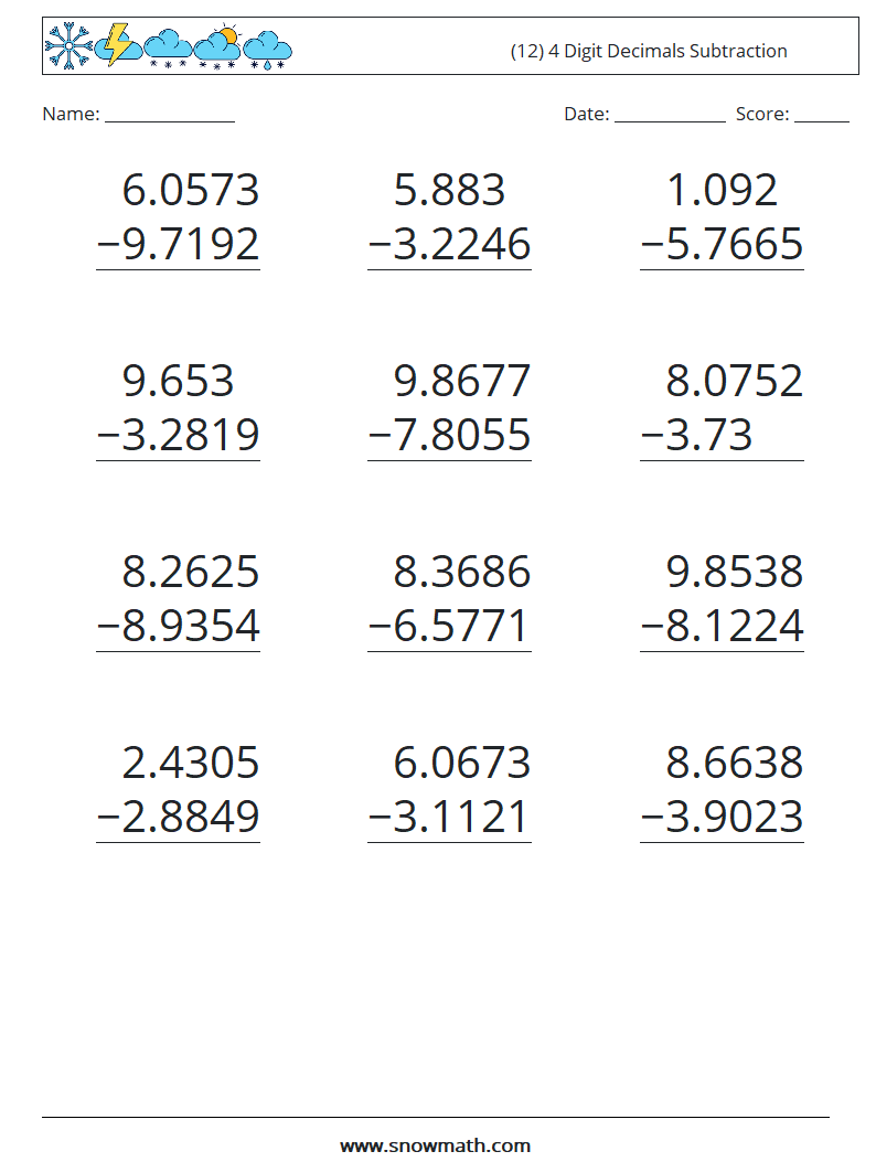 (12) 4 Digit Decimals Subtraction Math Worksheets 1