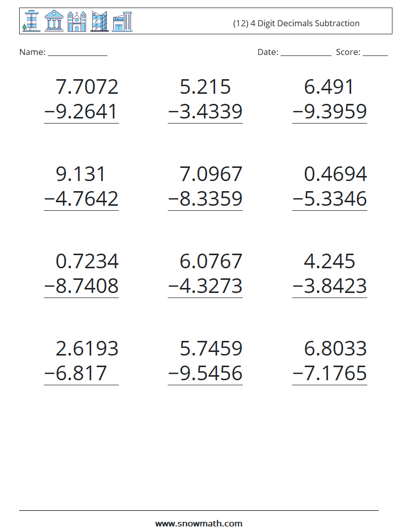 (12) 4 Digit Decimals Subtraction Math Worksheets 10