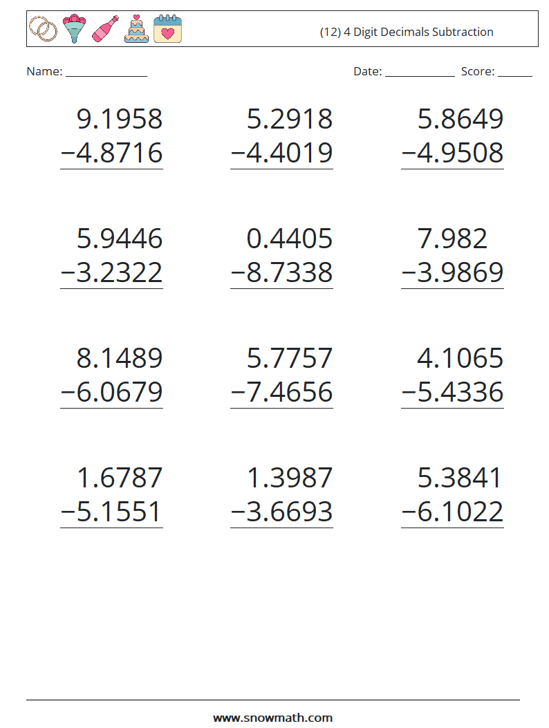 (12) 4 Digit Decimals Subtraction Math Worksheets 11