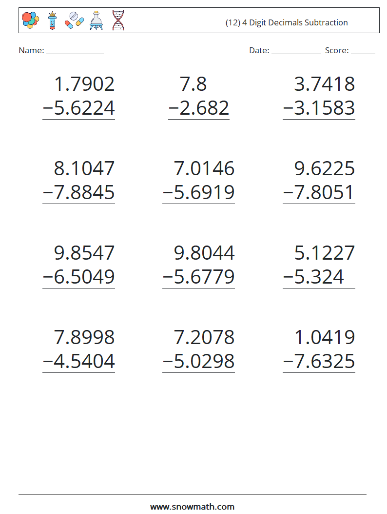 (12) 4 Digit Decimals Subtraction Math Worksheets 13