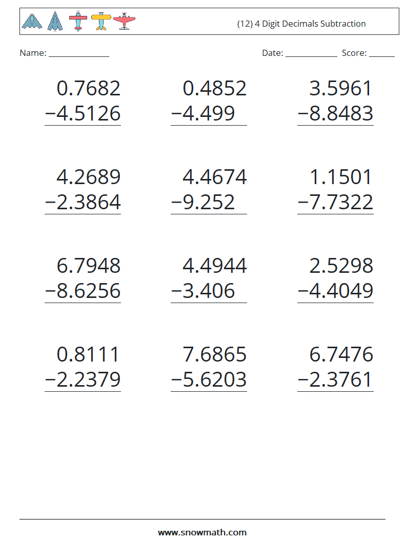 (12) 4 Digit Decimals Subtraction Math Worksheets 14