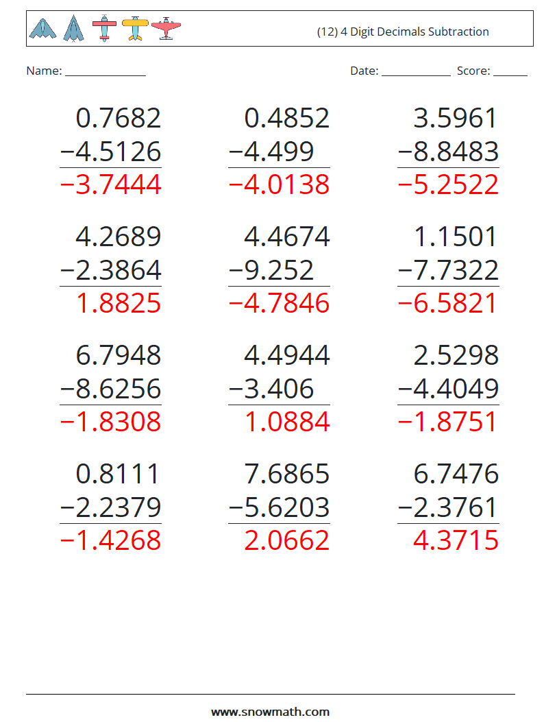 (12) 4 Digit Decimals Subtraction Math Worksheets 14 Question, Answer