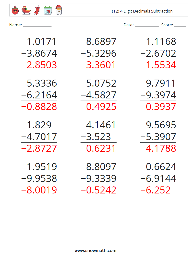 (12) 4 Digit Decimals Subtraction Math Worksheets 15 Question, Answer