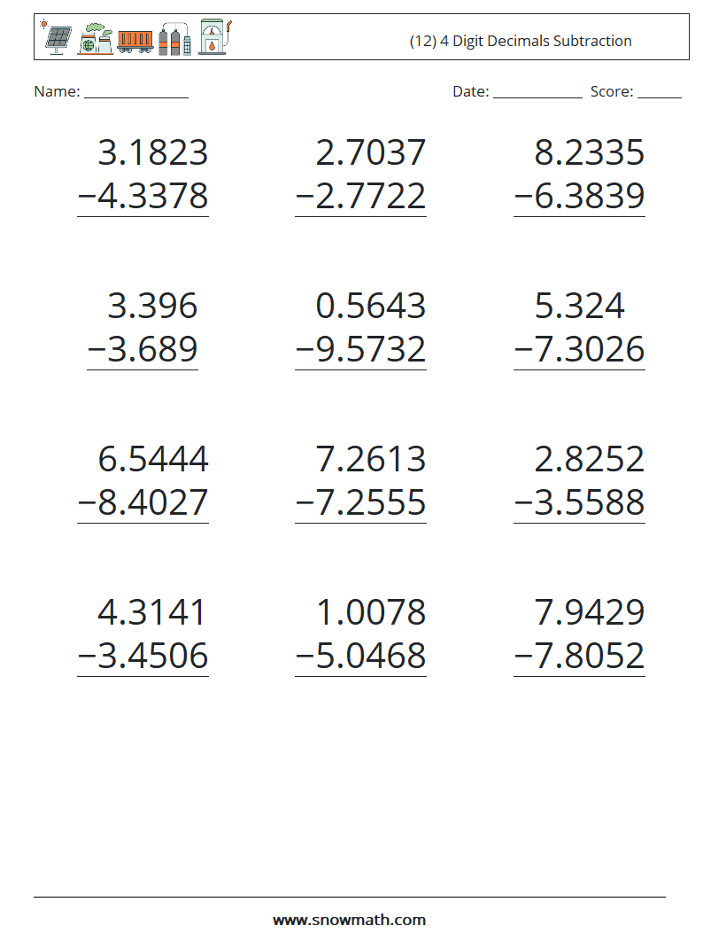 (12) 4 Digit Decimals Subtraction Math Worksheets 16