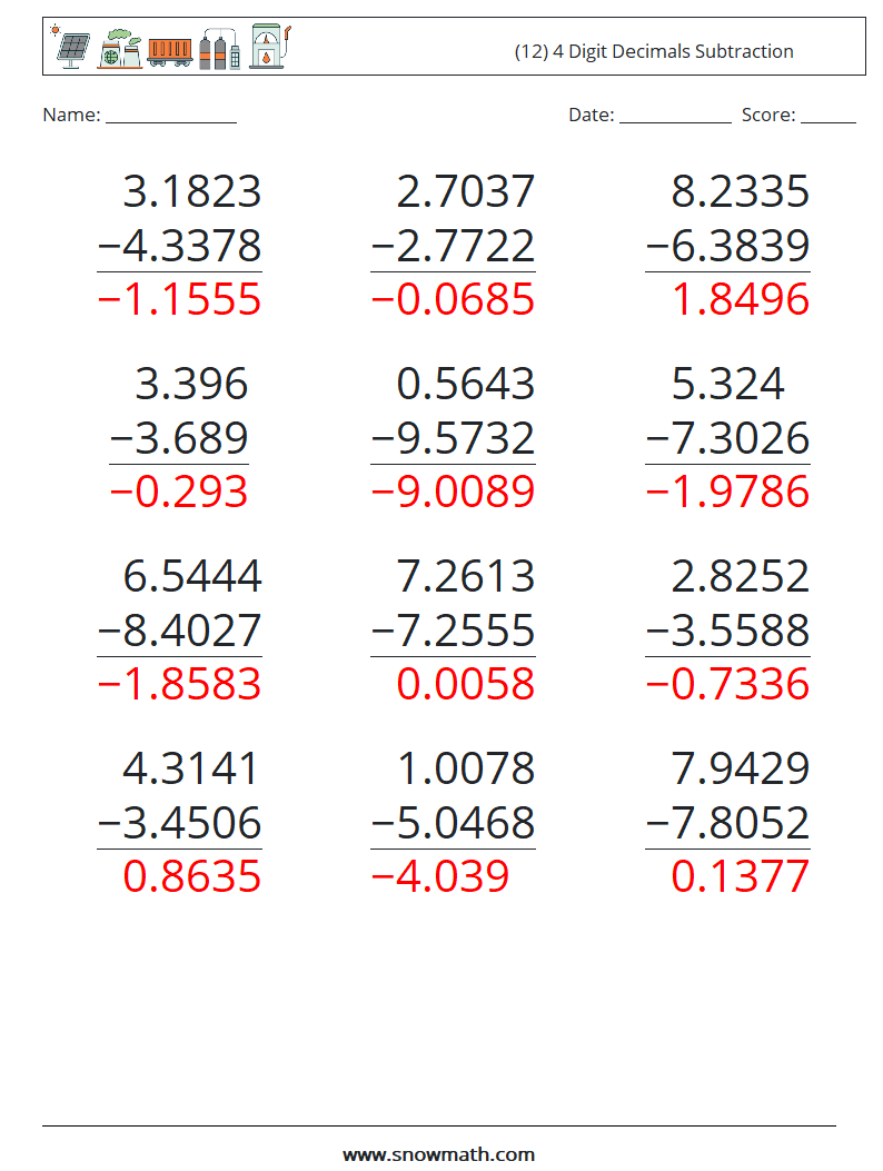 (12) 4 Digit Decimals Subtraction Math Worksheets 16 Question, Answer
