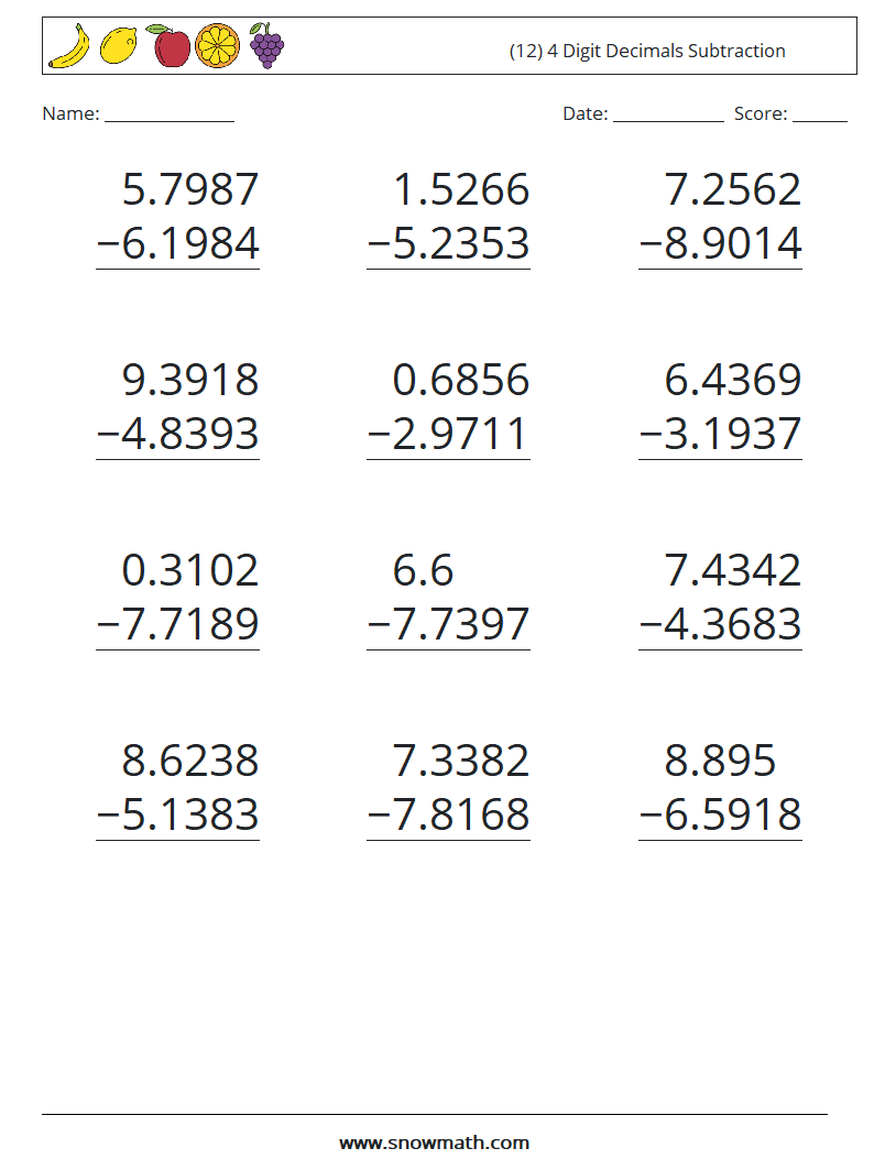 (12) 4 Digit Decimals Subtraction Math Worksheets 17