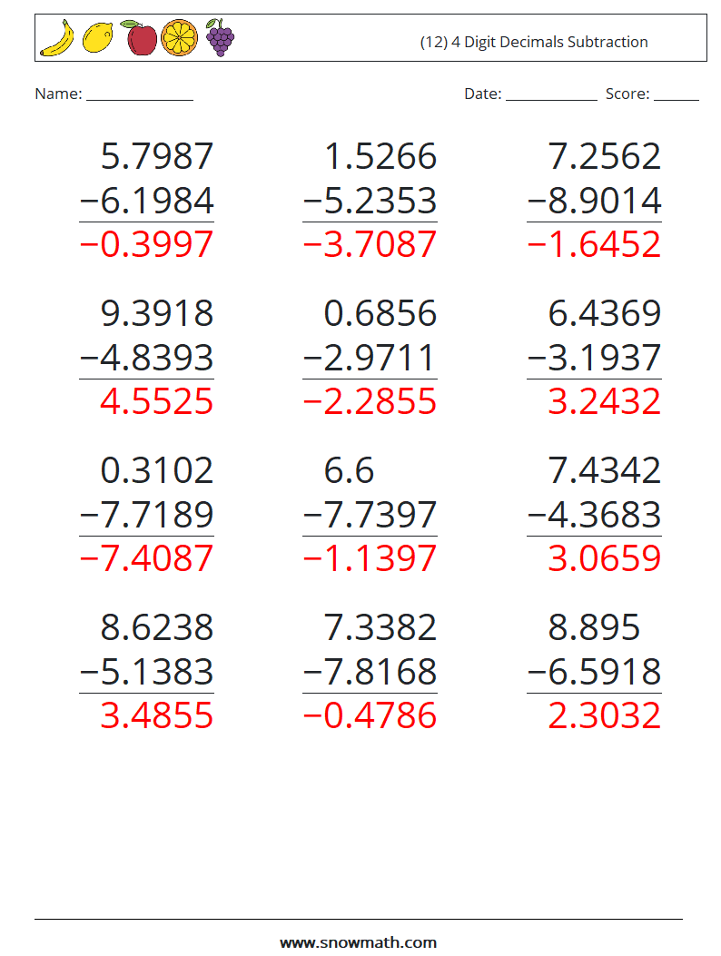 (12) 4 Digit Decimals Subtraction Math Worksheets 17 Question, Answer