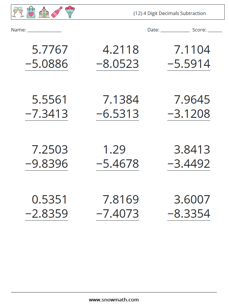 (12) 4 Digit Decimals Subtraction Math Worksheets 18