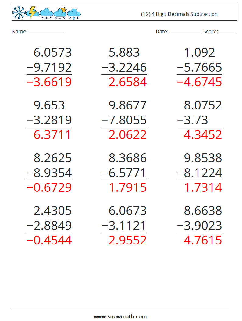 (12) 4 Digit Decimals Subtraction Math Worksheets 1 Question, Answer