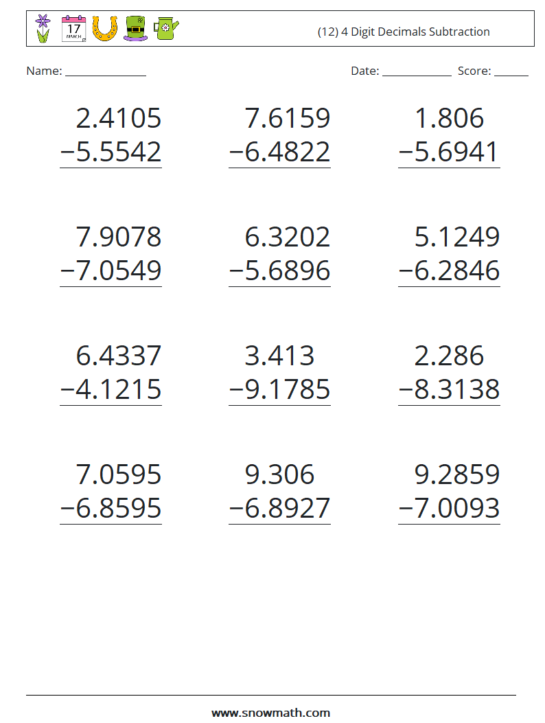 (12) 4 Digit Decimals Subtraction Math Worksheets 2